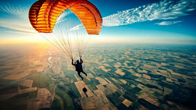 Soaring high over the landscapes while paragliding during a stunning sunset