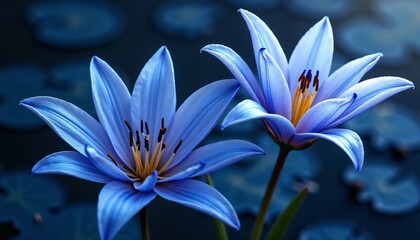 Fototapeta premium Beautiful blue water lilies gracefully blooming against a dark water backdrop 