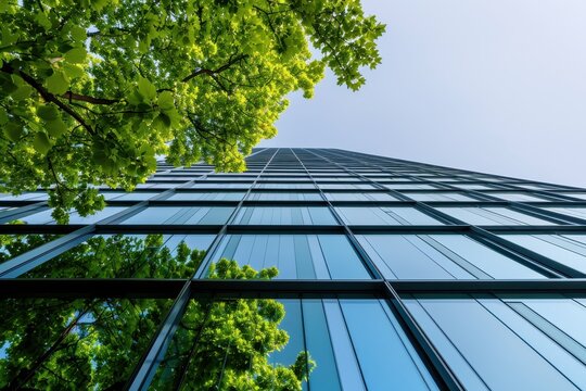 Sustainable office building in a modern city. Ecofriendly glass facade surrounded by trees, reducing carbon dioxide and emphasizing energy-efficient design for a greener corporate environment.