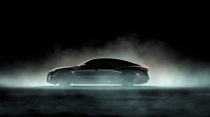 Luxurious black vehicle emerging dramatically from shadows while ambient smoke creates mysterious atmosphere, showcasing premium automotive design for upscale car dealership marketing