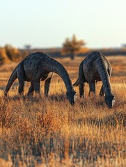 Fototapeta premium Two dinosaurs grazing in a grassy landscape during sunset.