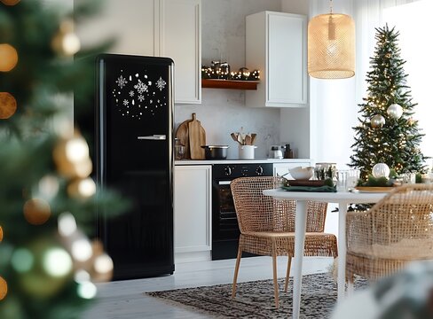 A white kitchen with a dining table and chairs decorated for Christmas