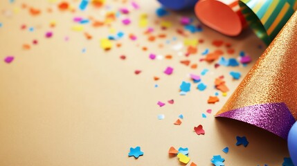 Obraz premium Festive Party Hats and Colorful Confetti Scattered