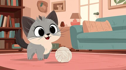 Cute cartoon kitten playing with yarn in living room.