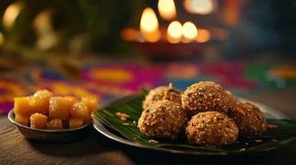Til-gul laddus served on a banana leaf-lined steel plate, with a side of sugarcane and jaggery chunks, placed on a rustic wooden table with a colorful rangoli design blurred in the background