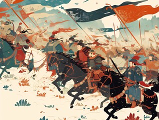Cavalry charge in snowy landscape, warriors on horseback with flags.