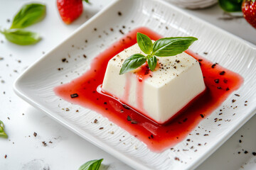
An overhead shot of a creamy vanilla custard centered on a white plate with the Strawberry sauce 