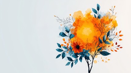 Vibrant Watercolor Floral Painting Orange and Teal Autumn Leaves Branches and Flowers