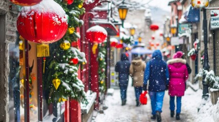 Fototapeta premium Celebratory Chinese New Year scene with vibrant red lanterns and blurred city street, adorned with colorful decorations and a golden dragon symbolizing luck and prosperity.