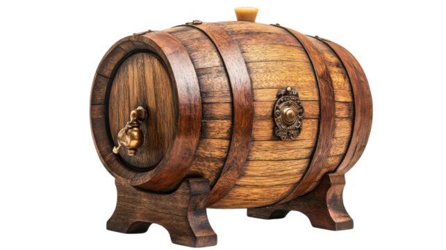 A rustic wooden wine barrel displayed on a pristine white background, ideal for showcasing a vineyard's charm in promotional material or enhancing culinary themed designs..