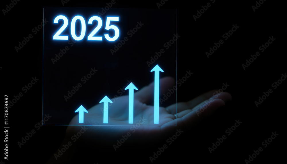 Poster businessman presenting the year 2025 with ascending arrows signifying growth and future objectives –