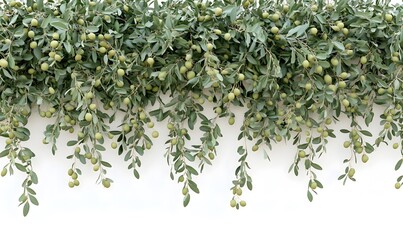 Lush olive branch garland with green olives and leaves isolated on white.