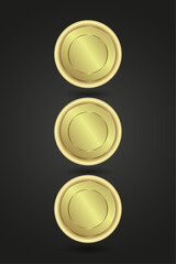 Three stylized golden button with a metallic shine, showcasing a minimalist design. The dark backdrop enhances the cois glowing appearance, symbolizing wealth, success.