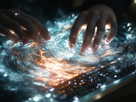 A man's hands swiftly type on a sleek laptop, as a mesmerizing metaverse hologram materializes in background, intertwining with a complex digital network and binary code, creating an abstract and fu