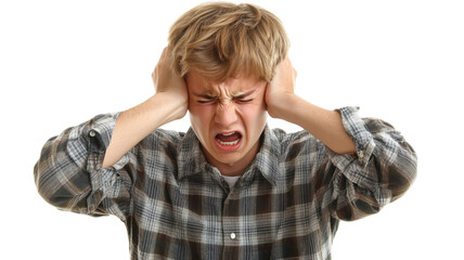 A Young Adult Man Covering His Ears in Frustration Depicting the Struggles of Overwhelming Noise and Stress in Daily Life.