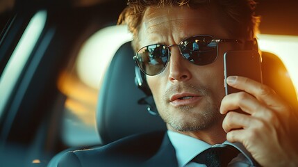 Businessman in sunglasses using a phone inside a luxury car.