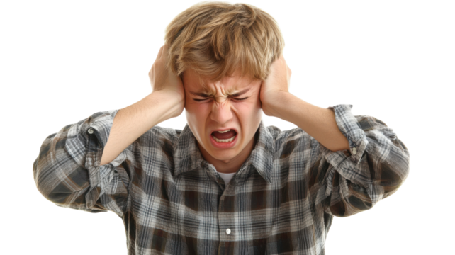 A Young Adult Man Covering His Ears in Frustration Depicting the Struggles of Overwhelming Noise and Stress in Daily Life.