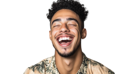 A Young Adult Man Laughing Heartily on a White Background, Perfect for Representing Happiness, Joy, and Positive Emotions in Advertisements and Designs.
