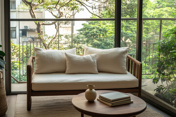 Obraz premium A bright modern balcony garden with a wooden-frame sofa with linen cushions. A low, light pinewood table with rounded edges. Vertical garden Japandi apartment background