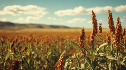 Sturdy African millet crops flourish in arid landscape under a bright sky adorned with fluffy clouds