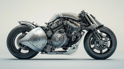 A high-speed motorbike engine, revealing its mechanical complexity with rotating wheels, gears, and exposed metal components.