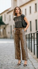 Stylish woman in leopard print pants walking on a city street