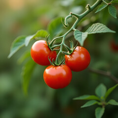 Three ripe red tomatoes on green bush, fresh mood, natural garden setting, close-up, vivid colors

