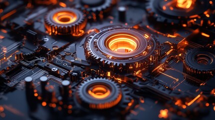 A futuristic gearbox mechanism with glowing gears and cogs, demonstrating the cutting-edge technology behind modern machinery.