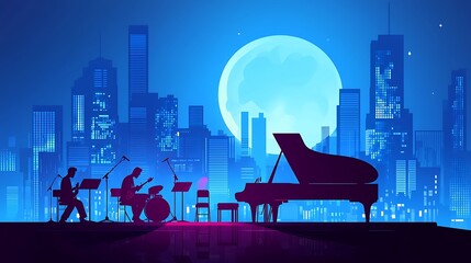 A vibrant city skyline at night with musicians performing near a grand piano under a full moon.