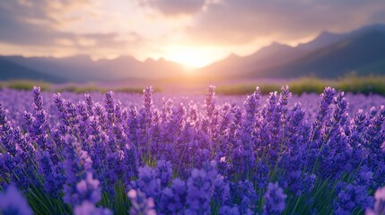 Naklejka premium Lavender Field Sunset Mountain Background