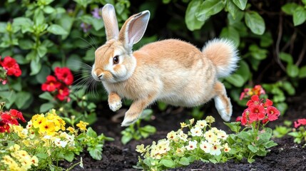 A rabbit leaps joyfully among colorful flowers in a vibrant garden setting.