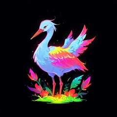 Neon Bird in Bloom: A vibrant digital art piece showcasing a radiant bird amidst a field of glowing flowers.