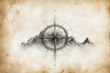 Vintage Compass Illustration Mountains Background