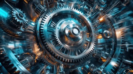 A mechanical wheel in motion, surrounded by gears and steel parts, symbolizing the dynamic force of industrial machinery.