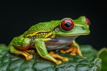 A green frog with red eyes is sitting on a leaf