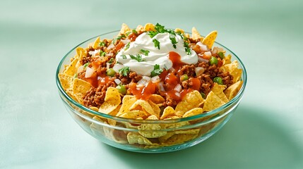 A modern Frito pie presentation in a glass bowl, isolated on a pastel green surface with sour cream swirls