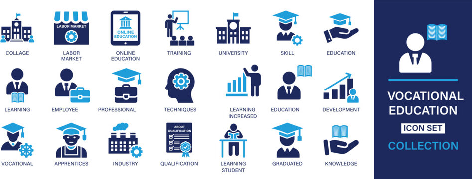 Vocational Education icon set. collage, labor market, online education, training, university, skill, education, learning, employee, professional, techniques. And solid icon set collection.
