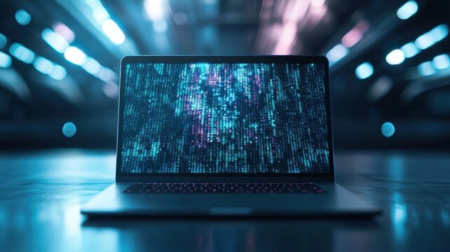Laptop Screen Displaying Streaming Binary Code Cyber Security Concept Digital Data Flow Night