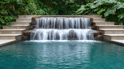 Naklejka premium Mind body harmony theme, tranquil waterfall cascading into serene pool surrounded by lush greenery