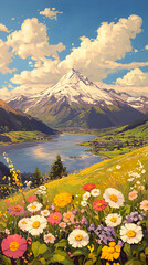 Alpine Lake Wildflowers Illustration