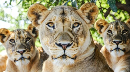 Fototapeta premium A close-up of three lions resting under a tree, showcasing their majestic features.