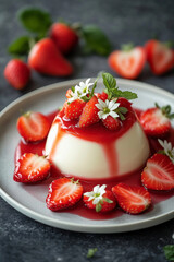 A vanilla custard with strawberry sauce artistically drizzled across the plate