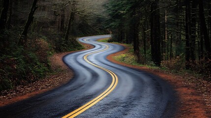Fototapeta premium Winding road through lush forest, wet asphalt, yellow lines.