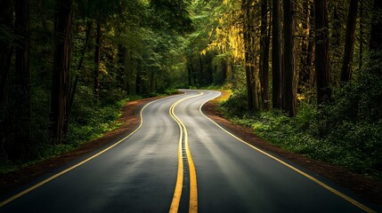 Winding asphalt road through lush green forest.