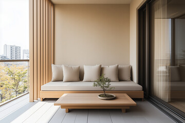 A minimalist Japandi-style balcony garden with a wooden-frame sofa upholstered in soft gray linen cushions.