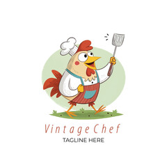 Cute Cartoon Chicken Master Chef Mascot Logo