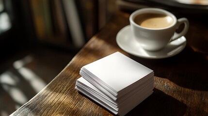 White blank cards stacked on wooden table near coffee