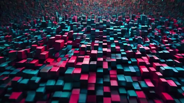 3D pixelated blocks that morph and rearrange dynamically, representing data processing