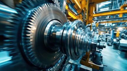 Fototapeta premium A dynamic scene of a high-tech factory with machines working in sync, gears and metal parts turning to generate powerful energy.