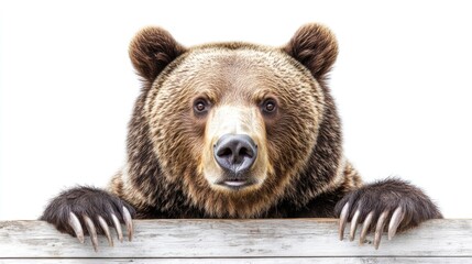 Fototapeta premium A close-up of a bear peering over a wooden fence with a neutral background.